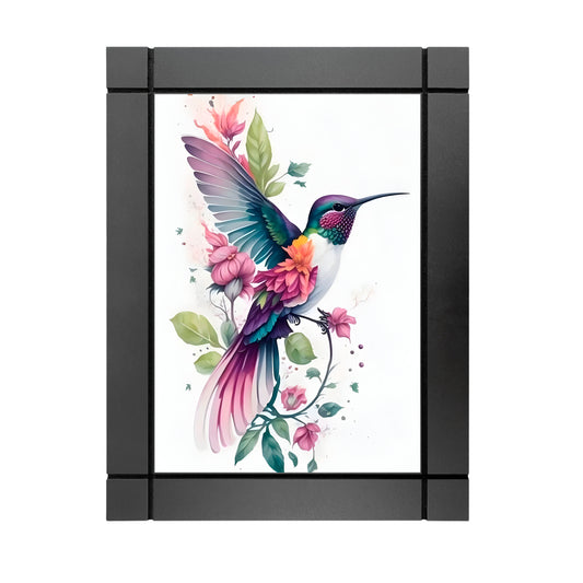 CUADRO DECORATIVO DE MADERA COLIBRI ACUARELA FLORES COLORES