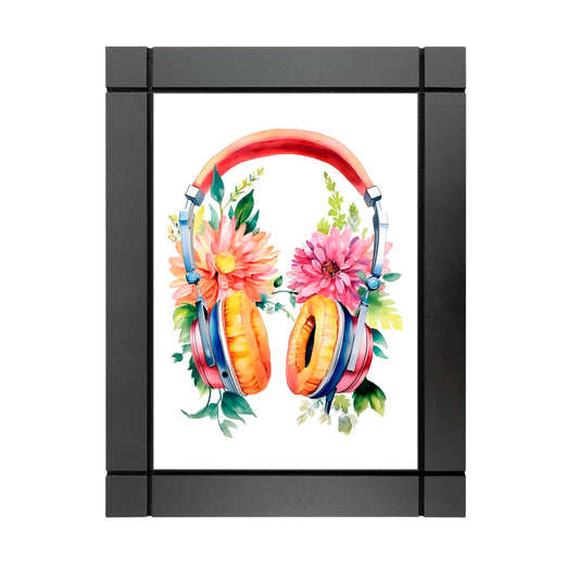 CUADRO DECORATIVO DE MADERA AUDIFONOS FLORES ACUARELA COLORES