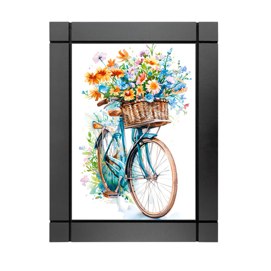 CUADRO DECORATIVO DE MADERA BICICLETA VINTAGE ACUARELA FLORES