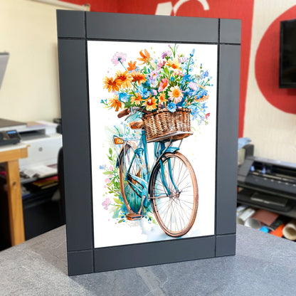 CUADRO DECORATIVO DE MADERA BICICLETA VINTAGE ACUARELA FLORES