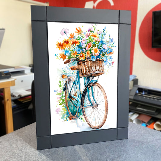CUADRO DECORATIVO DE MADERA BICICLETA VINTAGE ACUARELA FLORES