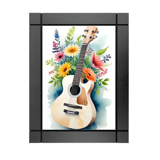CUADRO DECORATIVO DE MADERA GUITARRA CLASICA FLORES ACUARELA