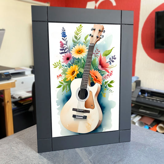 CUADRO DECORATIVO DE MADERA GUITARRA CLASICA FLORES ACUARELA