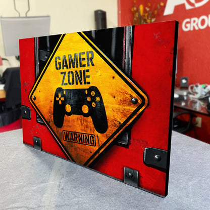 CUADRO DE MADERA SIN MARCO GAMER ZONE WARNING ROJO