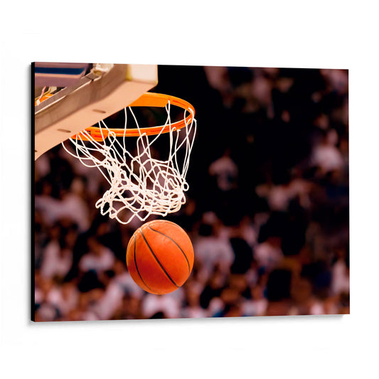 CUADRO DE MADERA SIN MARCO BALON DE BASQUETBOL EN CANASTA CON RED