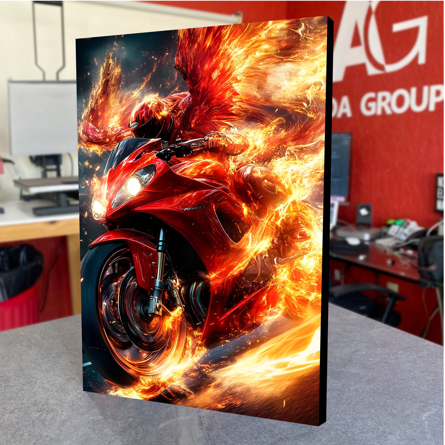 CUADRO DE MADERA SIN MARCO MOTOCICLETA PISTA ROJA FUEGO