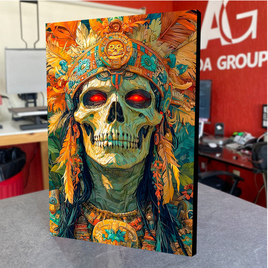 CUADRO DE MADERA SIN MARCO ILUSTRACIÓN CALAVERA AZTECA