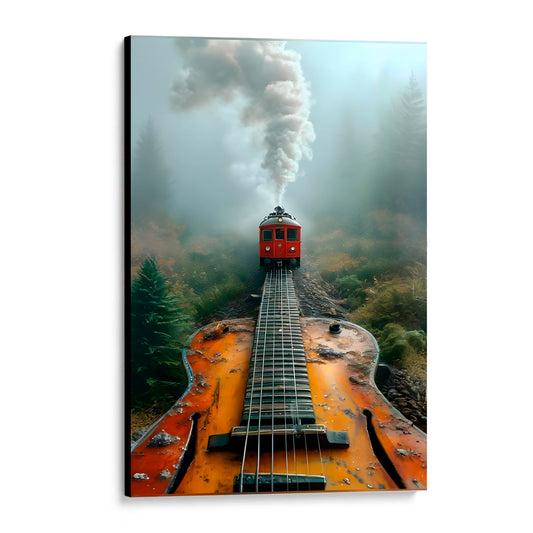 CUADRO DE MADERA SIN MARCO GUITARRA TREN PAIAJE FOTOGRAFIA