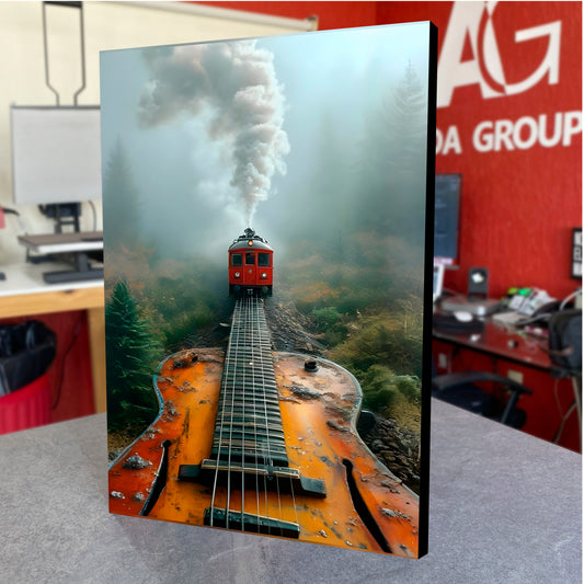 CUADRO DE MADERA SIN MARCO GUITARRA TREN PAIAJE FOTOGRAFIA