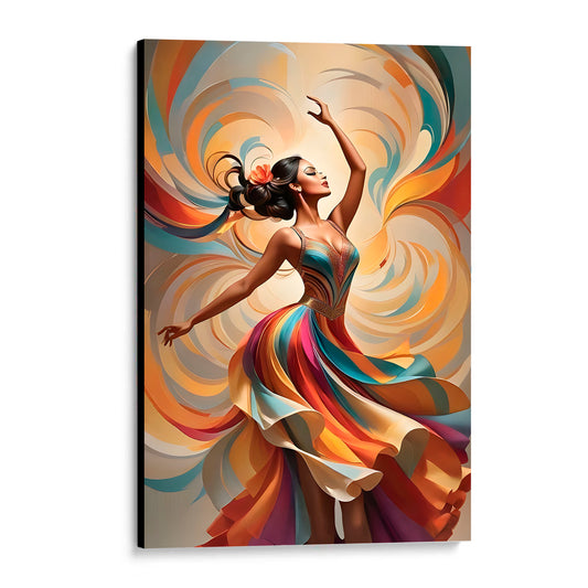 CUADRO DE MADERA SIN MARCO MUJER BAILANDO COLORES VESTIDO