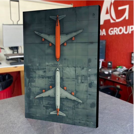 CUADRO DE MADERA SIN MARCO ILUSTRACIÓN AVIONES NARANJA
