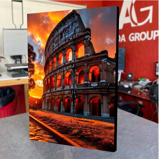 CUADRO DE MADERA SIN MARCO PAISAJE COLISEO ROMANO ATARDECER