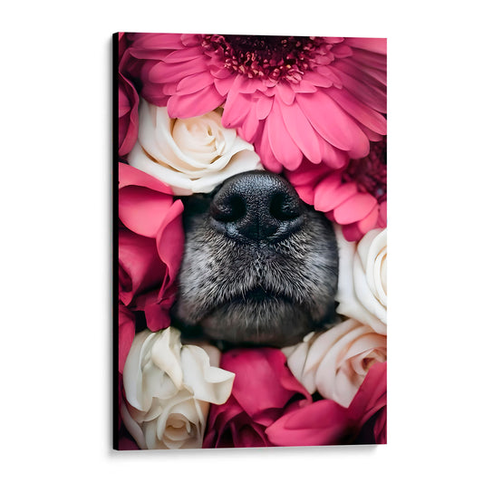 CUADRO DE MADERA SIN MARCO NARIZ PERRO FLORES ROSAS