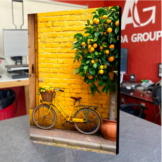 CUADRO DE MADERA SIN MARCO PAISAJE PARED BICICLETA AMARILLA