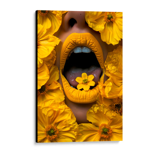 CUADRO DE MADERA SIN MARCO BOCA LABIOS AMARILLOS FLORES