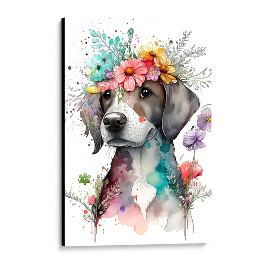 CUADRO DE MADERA SIN MARCO PERRO TIPO ACUARELA CON FLORES