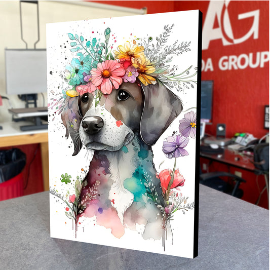 CUADRO DE MADERA SIN MARCO PERRO TIPO ACUARELA CON FLORES