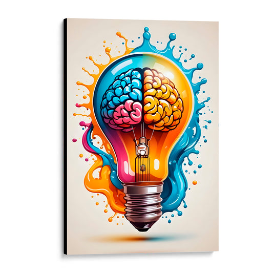 CUADRO DE MADERA SIN MARCO FOCO BOMBILLA CEREBRO COLORES