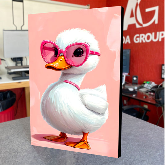 CUADRO DE MADERA SIN MARCO ILUSTRACIÓN PATO CON LENTES ROSAS