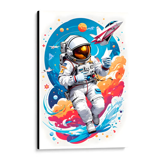 CUADRO DE MADERA SIN MARCO DIBUJO ASTRONAUTA COLORES LUNA