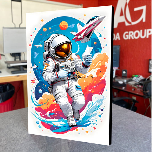 CUADRO DE MADERA SIN MARCO DIBUJO ASTRONAUTA COLORES LUNA