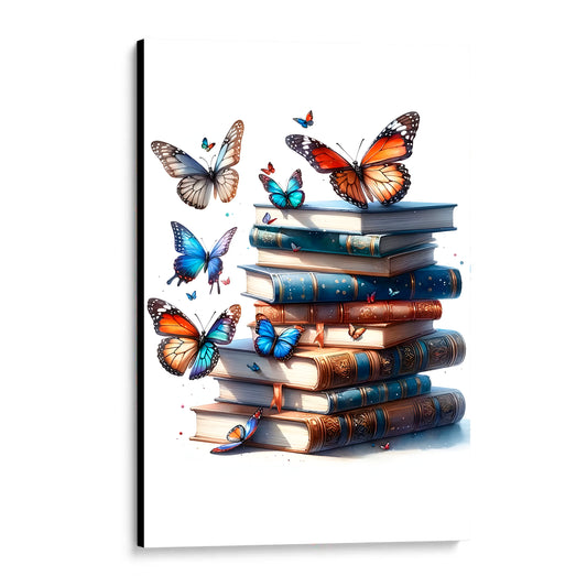 CUADRO DE MADERA SIN MARCO LIBROS APILADOS CON MARIPOSAS
