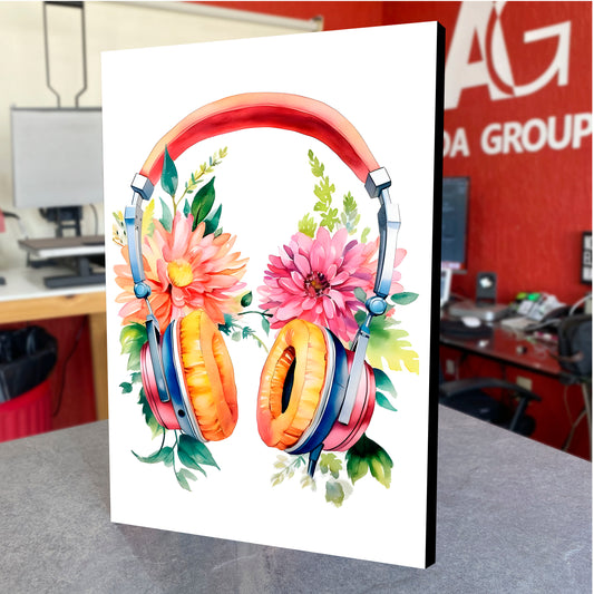 CUADRO DE MADERA SIN MARCO AUDIFONOS FLORES ACUARELA COLORES